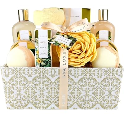 Spa Luxetique Spa Gift Basket, Bath Sets for Women, Luxury 12 Pcs Bath Gift Box, Relaxing at Home Bath Set Scented with Vanilla Includes Bath Salts, Bath Bombs, Body Scrub, Best Spa Gift for Women