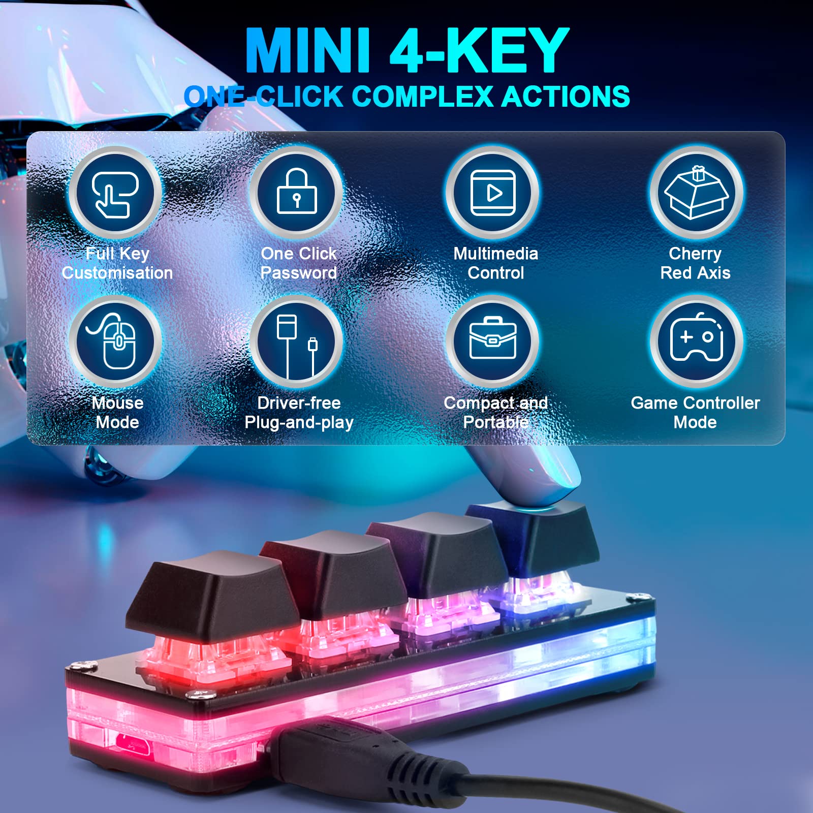 Ecarke Black Mini 4-Key Keypad Mechanical Gaming Keyboard, Self Programming,OSU Hot Swap Game Keyboards with 1.5m USB-C Data Cable（Upgrade Cherry Shaft &RGB LED）