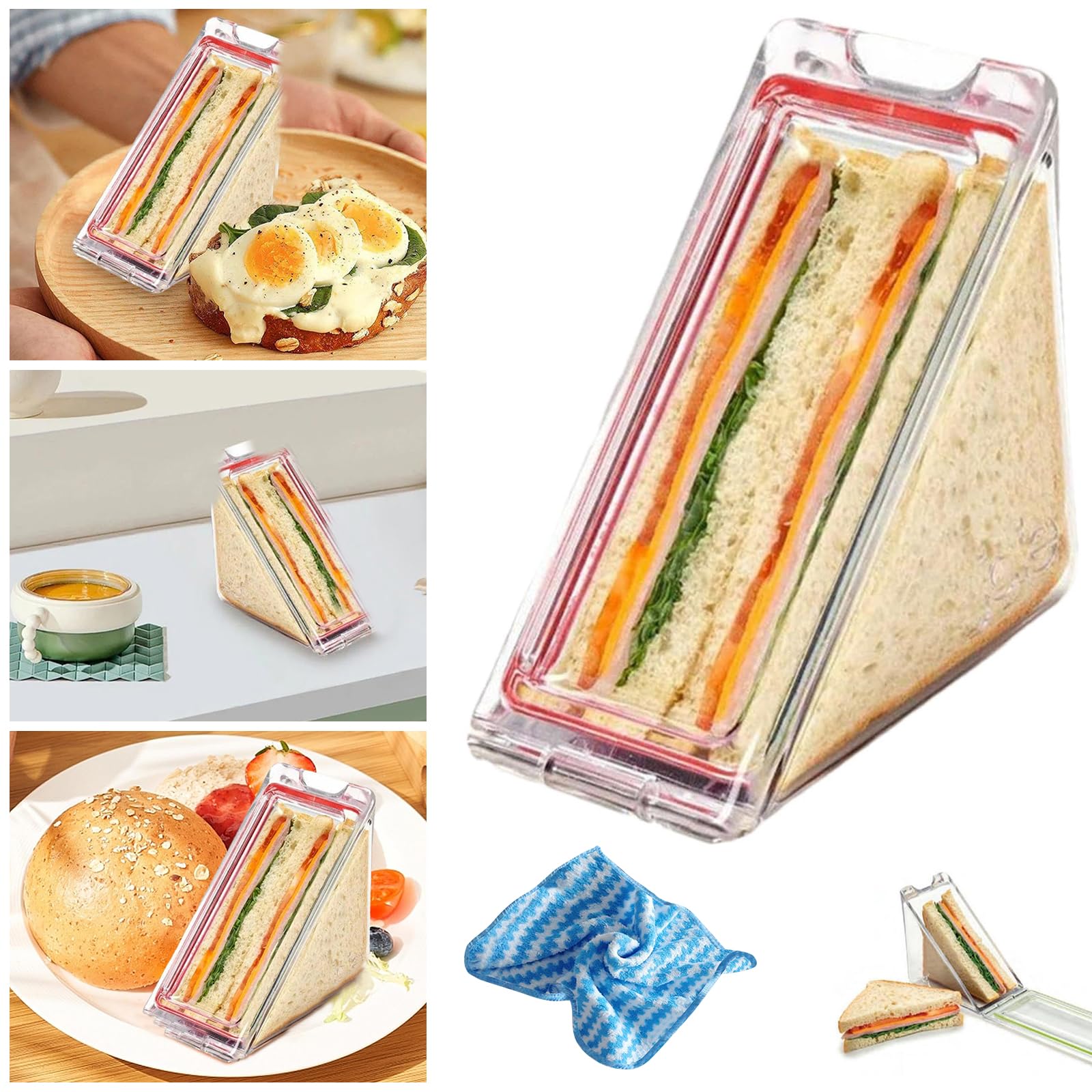 UAZEO Triangle Sandwich Container, Washable Sandwich Container Reusable Triangle Bags for Lunch, Portable Breakfast Boxes with Lids & Towel (1/Set)