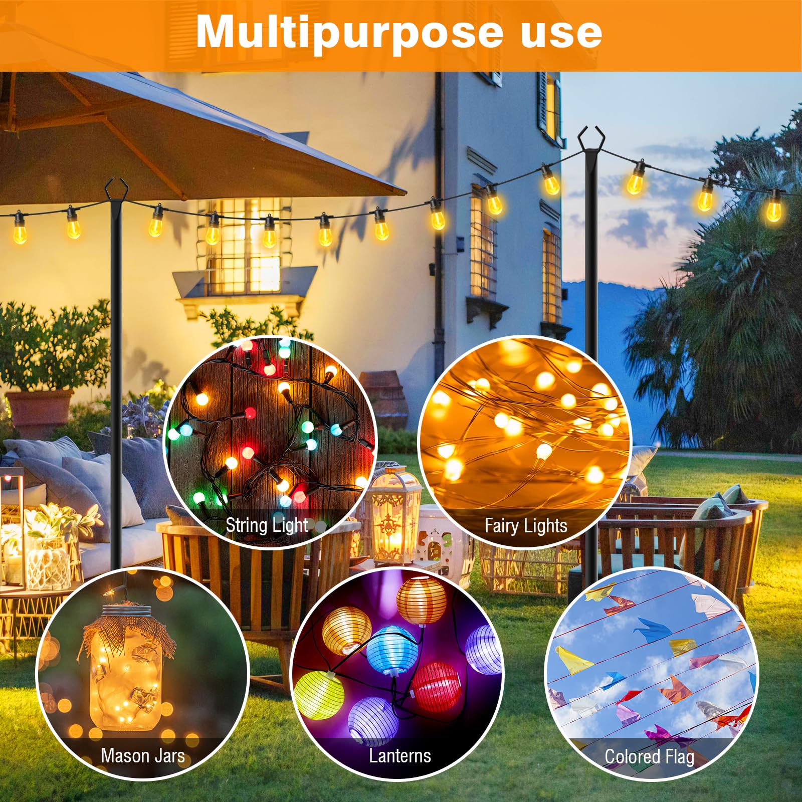 4 Pack String Light Poles,10 Ft Metal Poles with Fork for Outdoor String Lights,Outdoor Light Poles with Fork,Poles/Post/Stand for Outside,Patio,Deck,Backyard,Garden Wedding,Party