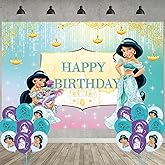Princess Jasmine Birthday Party Decoration,Princess Party Photo Background 5 x 3 FT and 18 Pcs Balloon,Merch Party Backdrop Supplies