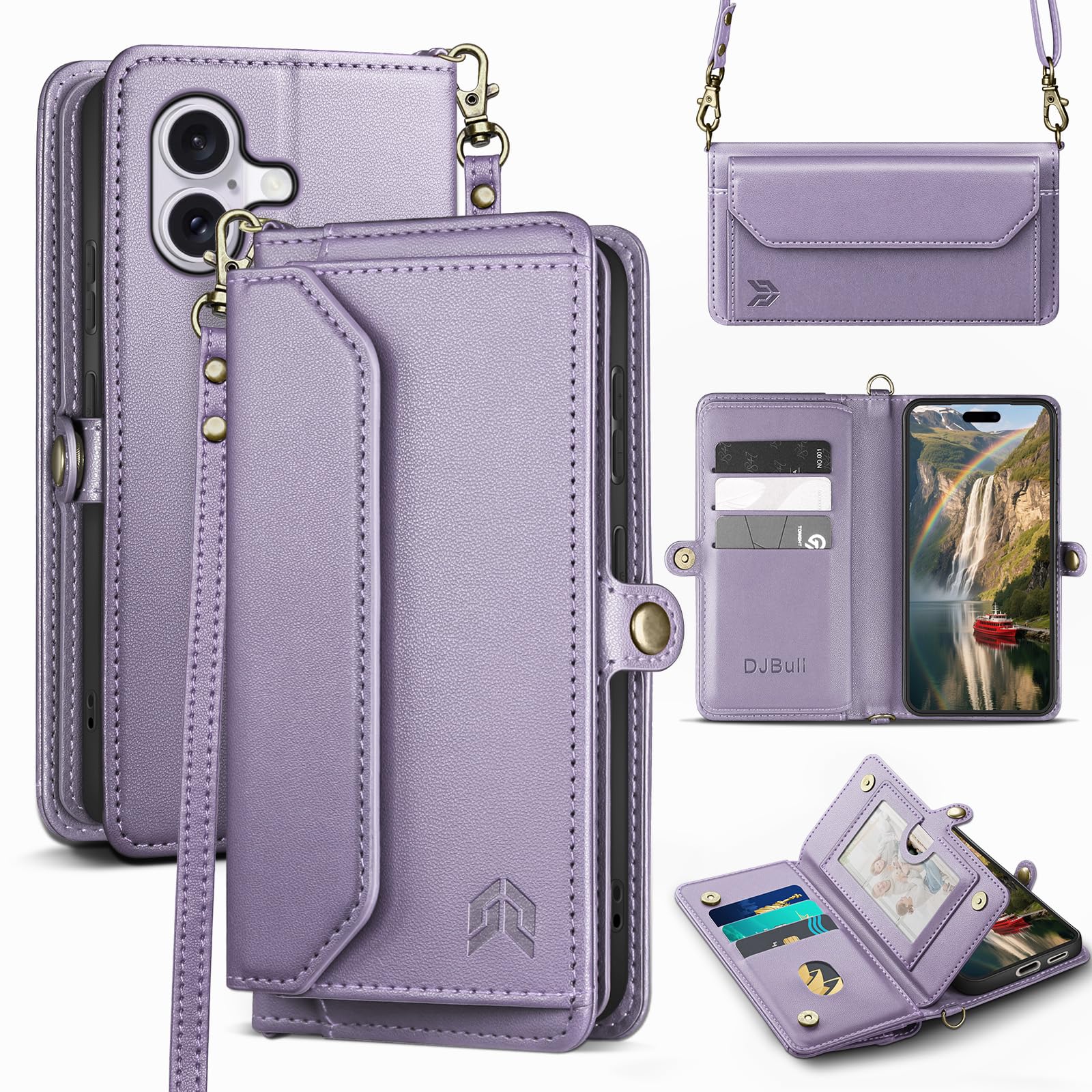 Photo 1 of DJBull for iPhone 16 6.1" Wallet Case with Card Holder, Shoulder and Wristlet Straps, Soft PU Leather, Magnetic Snap, Flip Phone Case for Women Men for Apple 16 Light Purple