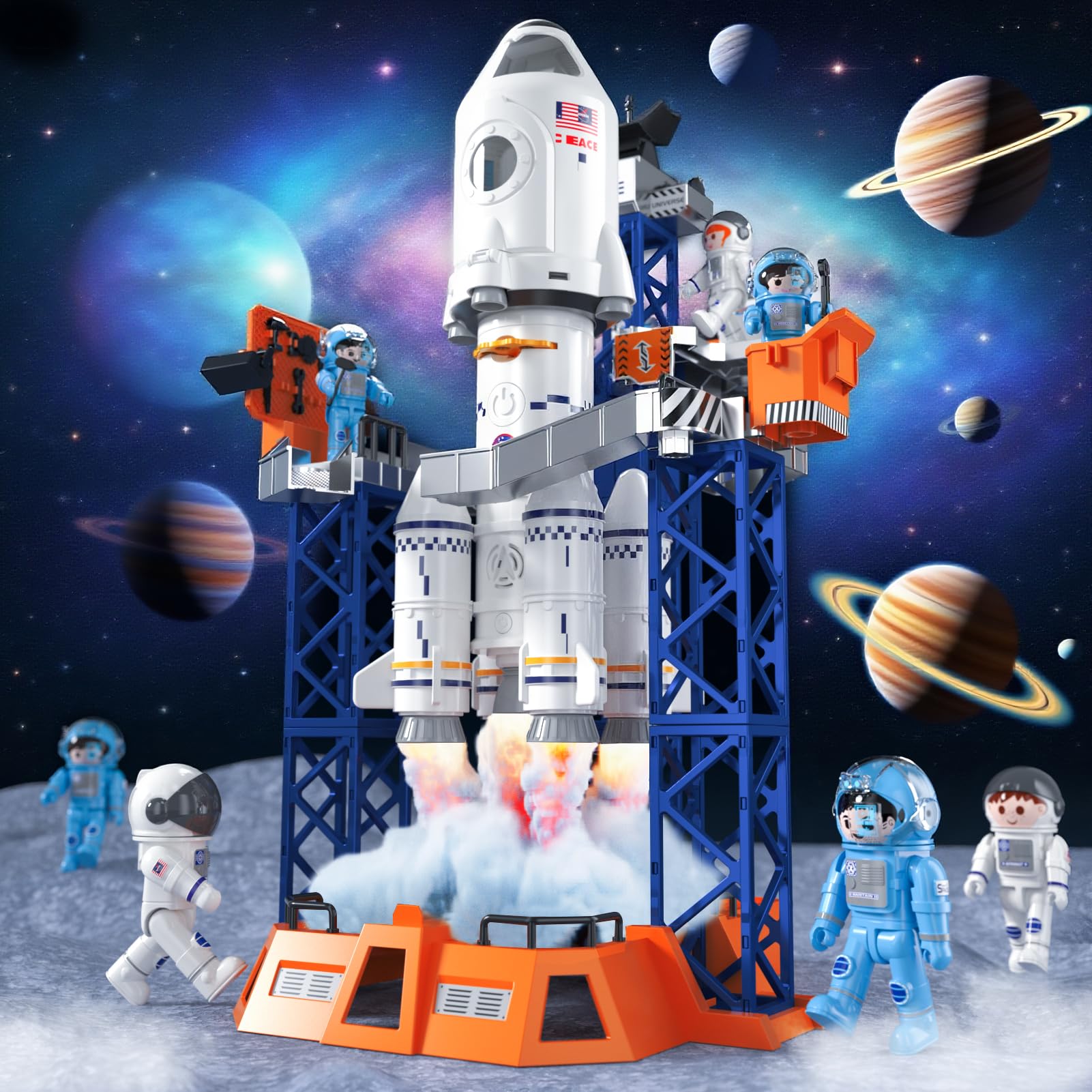 BLmukce Large Space Rocket Toys, 5-in-1 STEM Launch Set with Light/Sound/Smoke, Educational Aerospace Model for Kids, with 4 Astronauts, Console, Satellite, Projection Lamp, Gift for 3 4 5 6 7 8 Years
