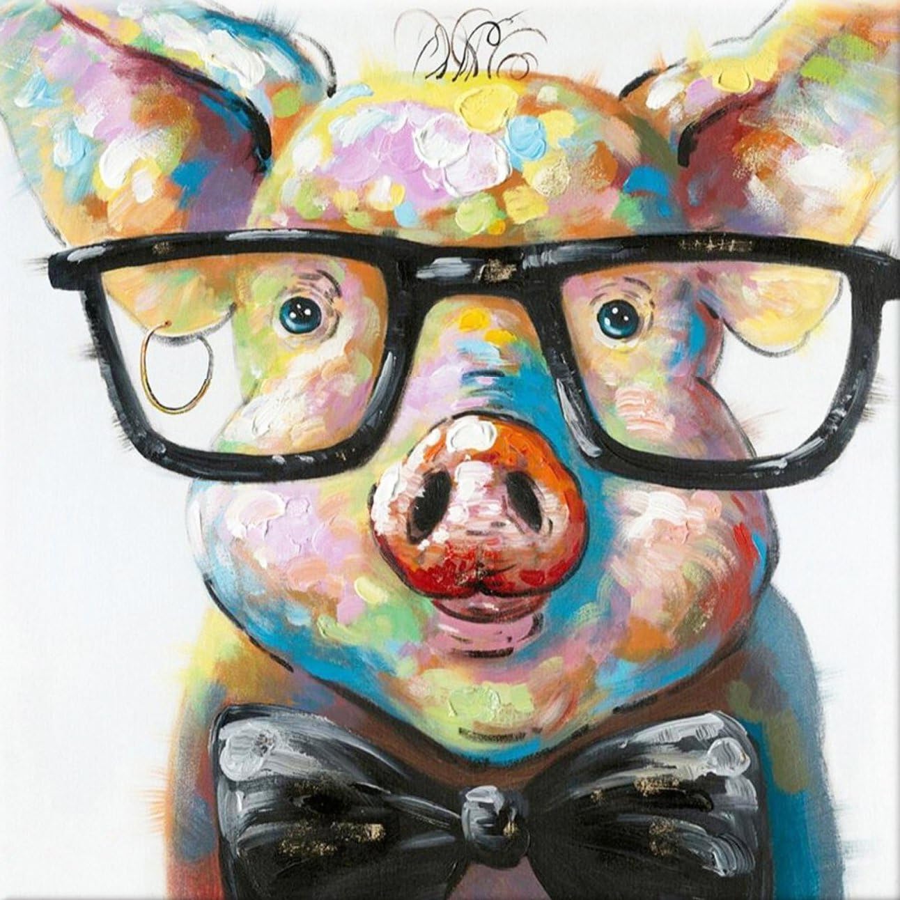 Paintings - Muzagroo Art Hand Painted Cute Pig with Glasses Canvas Oil Paintings for Living Room Modern Art for Wall Decor Home Animals Canvas Wall Art for Bathroom (16x16in)