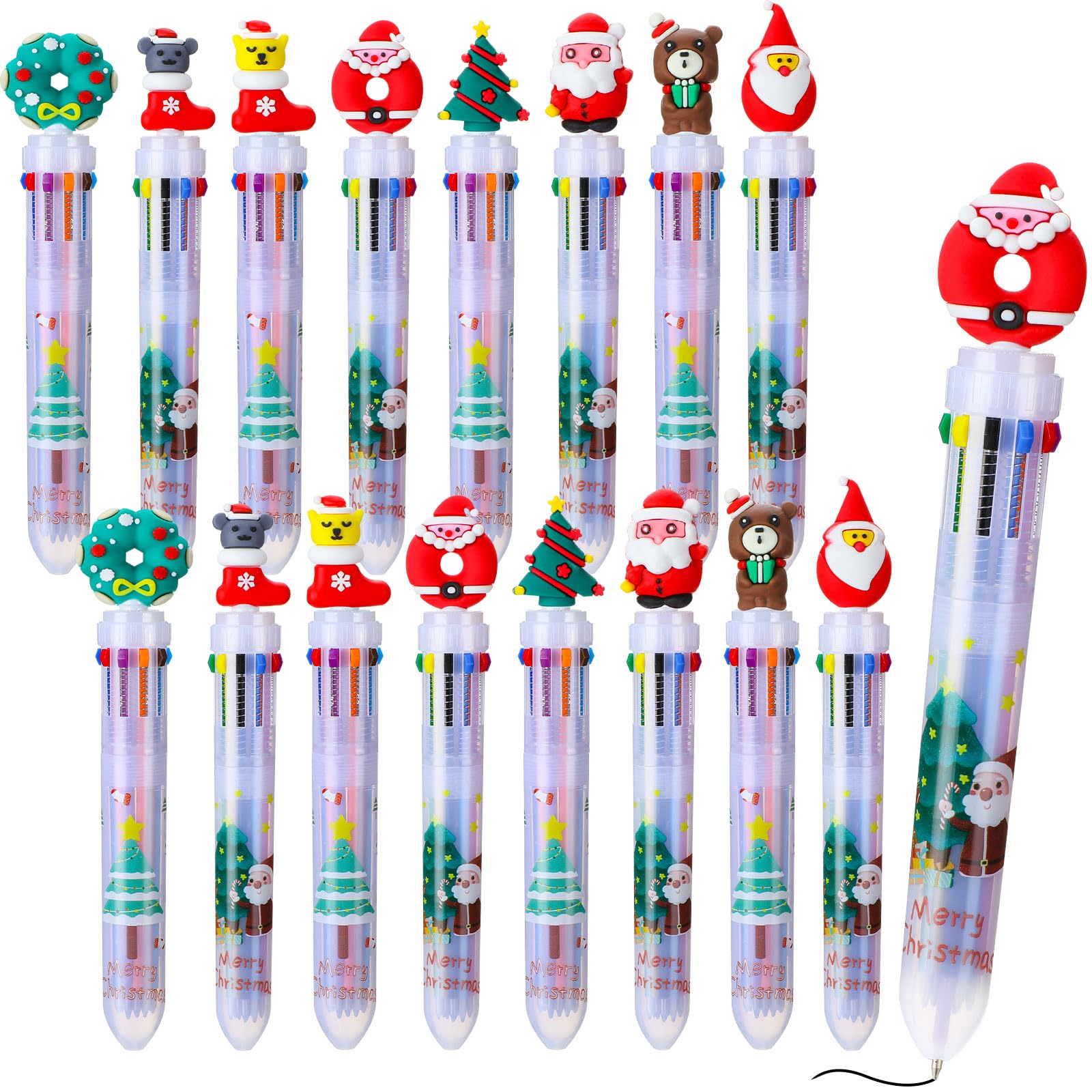 Tenare 16 Pack Christmas Ballpoint Pens Xmas Santa Theme Novelty 10-in-1 Retractable Marker Multicolor Pens for Students Gift Office Christmas Party Stationery Supplies(Fresh Style)