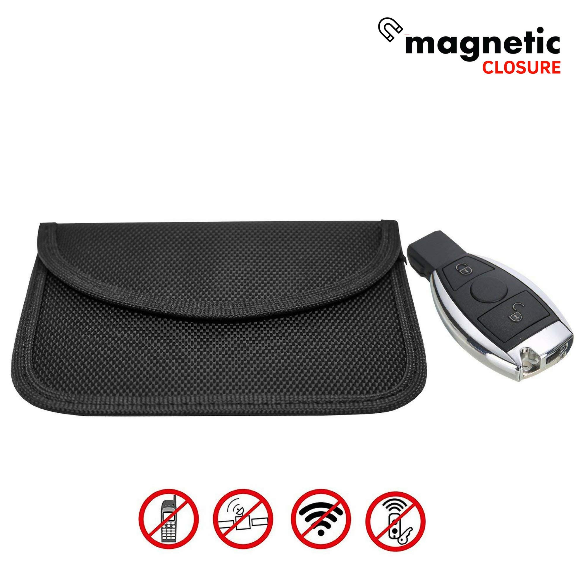 Secura Car Key Signal Blocker Case RFID Signals Blocking Large Guard Bag Blocking Pack Pouch Faraday Shielding For Car Key Signal Blocking Device Protector [Magnetic Closure] (Black) (Horizontal)