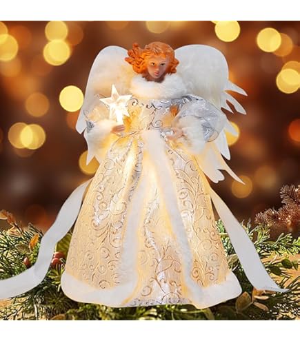 14'' Angel Tree Topper With White Feather Wings And Gold