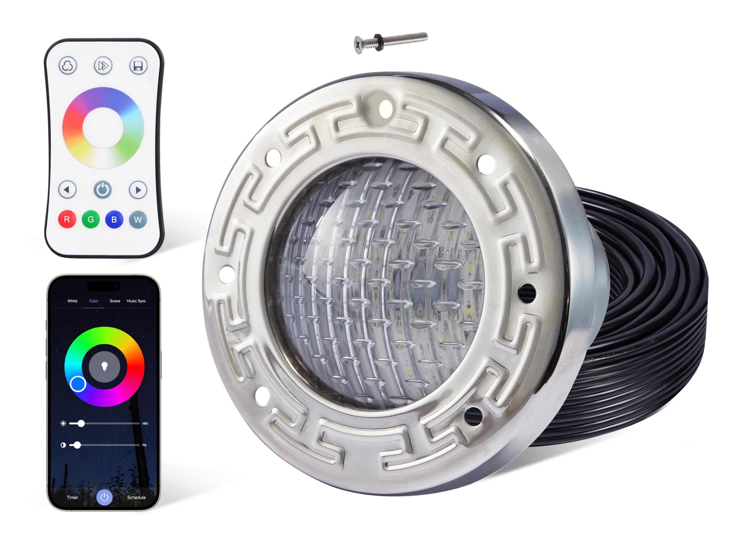 Photo 1 of HQUA PN04DC 120V AC Remote Control LED RGBW Color Change Inground Pool/SPA Light, 6 Inch 50W with 100 Feet Cord, UL Listed Transformer Included, Fit for 6" Small Wet Niches.