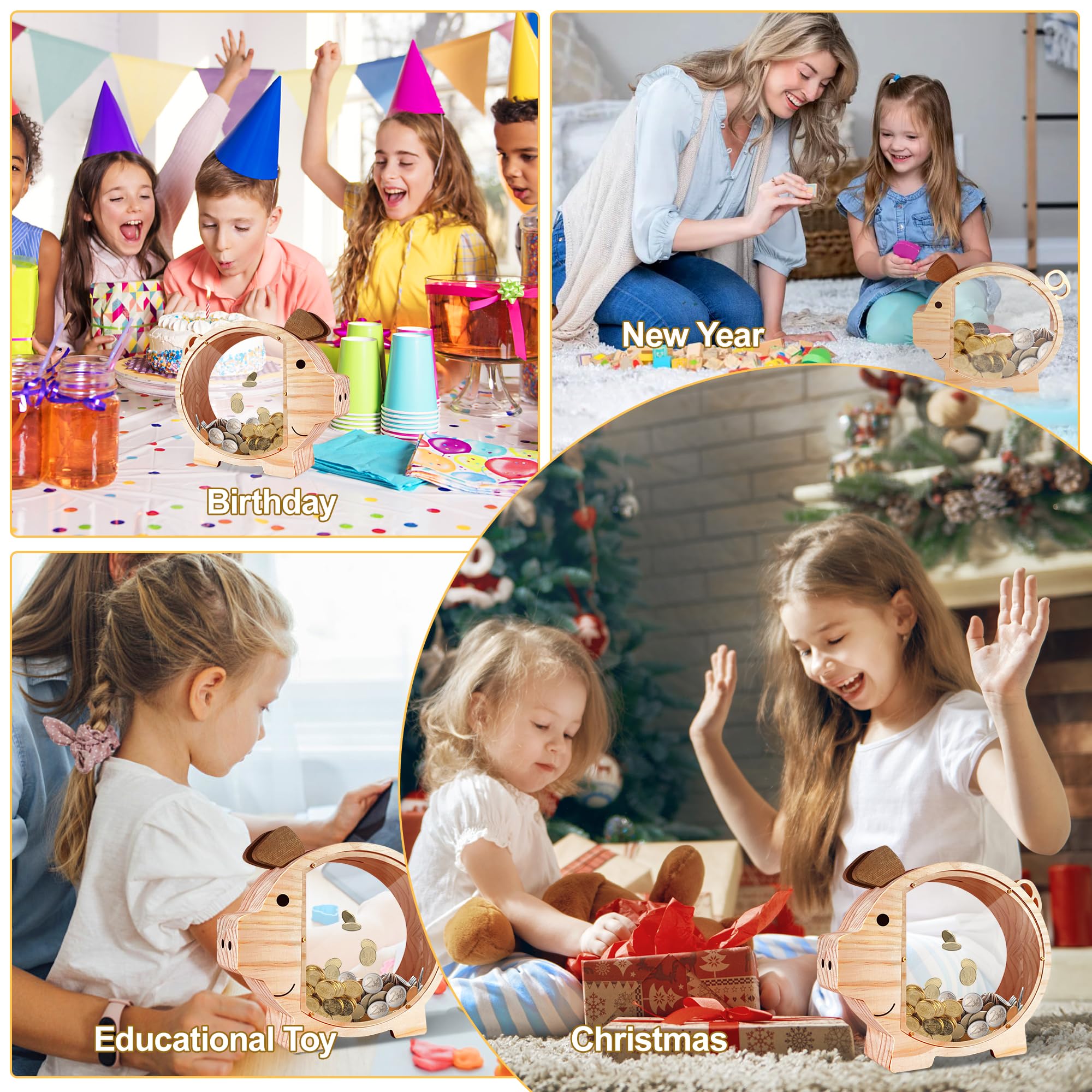 Piggy Bank for Kids Money Saving,Wooden Piggy Bank for Boys Girls,Unbreakable Piggy Bank with Letter Stickers,DIY Name Personalized Coin Bank for Children's Birthday Decor