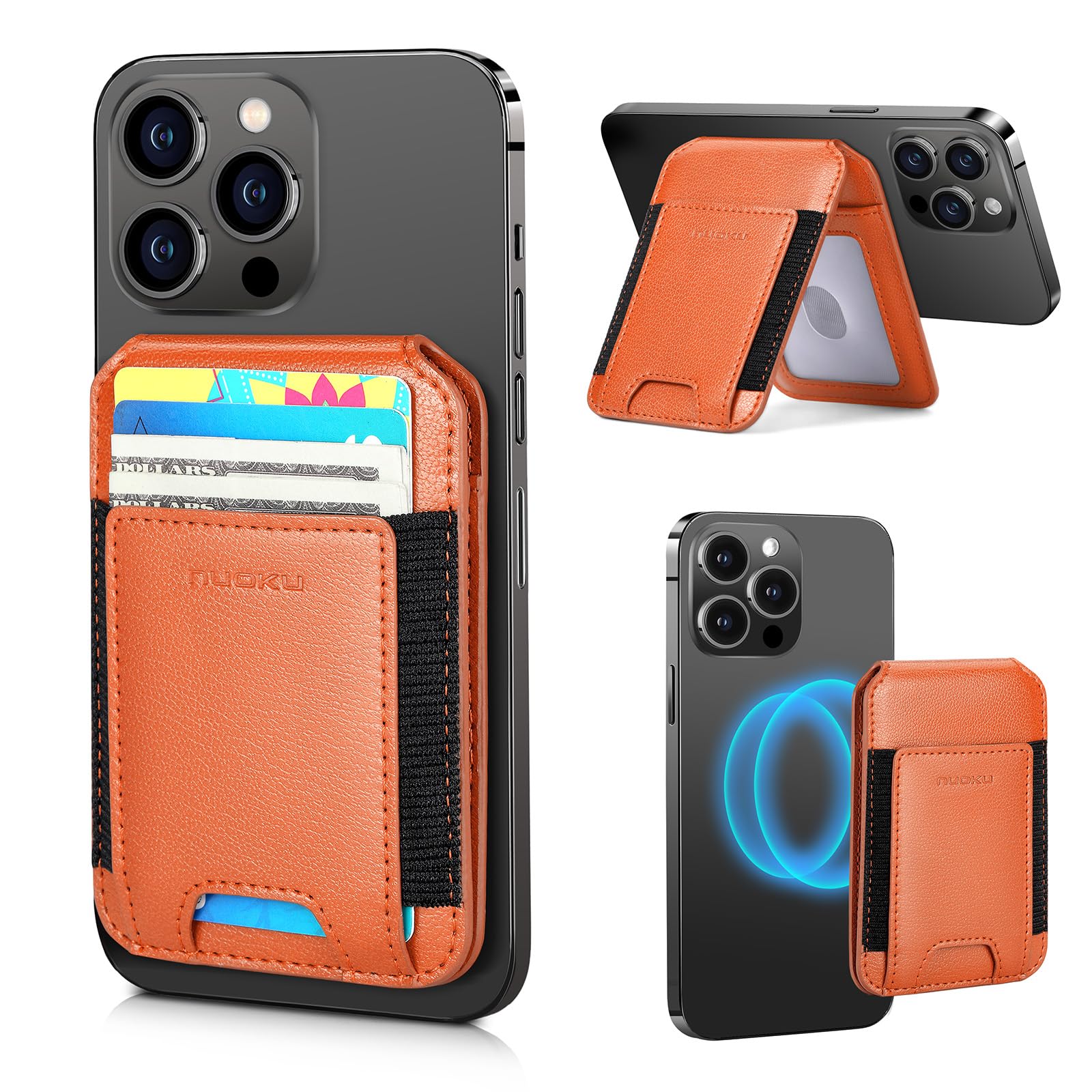 nuoku Leather Wallet for Magsafe, Compatible with Magsafe Card Holder for iPhone 15/14/13/12 Series, Not Compatible with 13 Mini/12 Mini, Maximum Fit 8 Cards