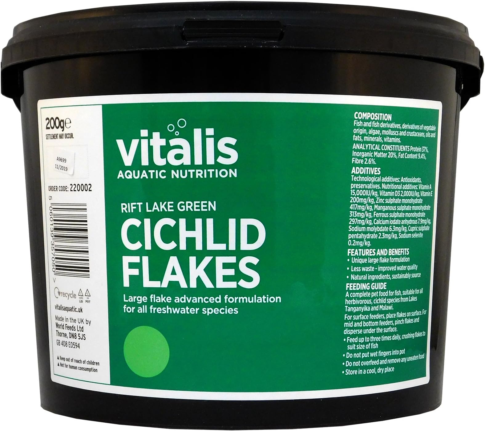 Vitalis Rift Lake Green Cichlid Flakes 200g- Large Flake