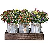 HEMYLU Table Centerpiece Decoration Artificial Flower Set with 3 Fake Milan Bouquet and Wood Tray for Desk Home Bathroom Office Décor