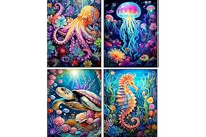 EIBEILI 4 Pack Sea Animals Diamond Painting Kits for Adults, 5D Diamond Art Kits for Beginner DIY Full Drill Diamond Dots Crystal Craft Kits for Home Wall Decor Gifts 11.8x15.7 inch
