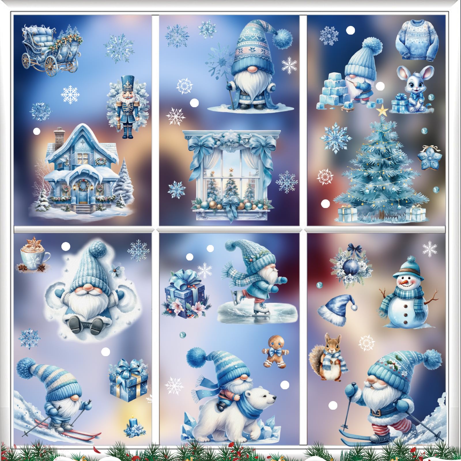 Blue Christmas Window Clings, KIKISML 9 Sheets Xmas Window Stickers Snowflake, Gnome, Santa Claus, Snowman Bear Ice Blue Themed Christmas Window Stickers for School Home Office Party Holiday Supplies