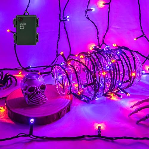 Isisyu Orange Purple Halloween Lights Outdoor, 3M 30 LED Battery Operated Halloween Fairy Lights with 6-Hour Timer, Green Wire IP65 Waterproof Hallowe'en Decorations Lighting for Indoor Outdoor