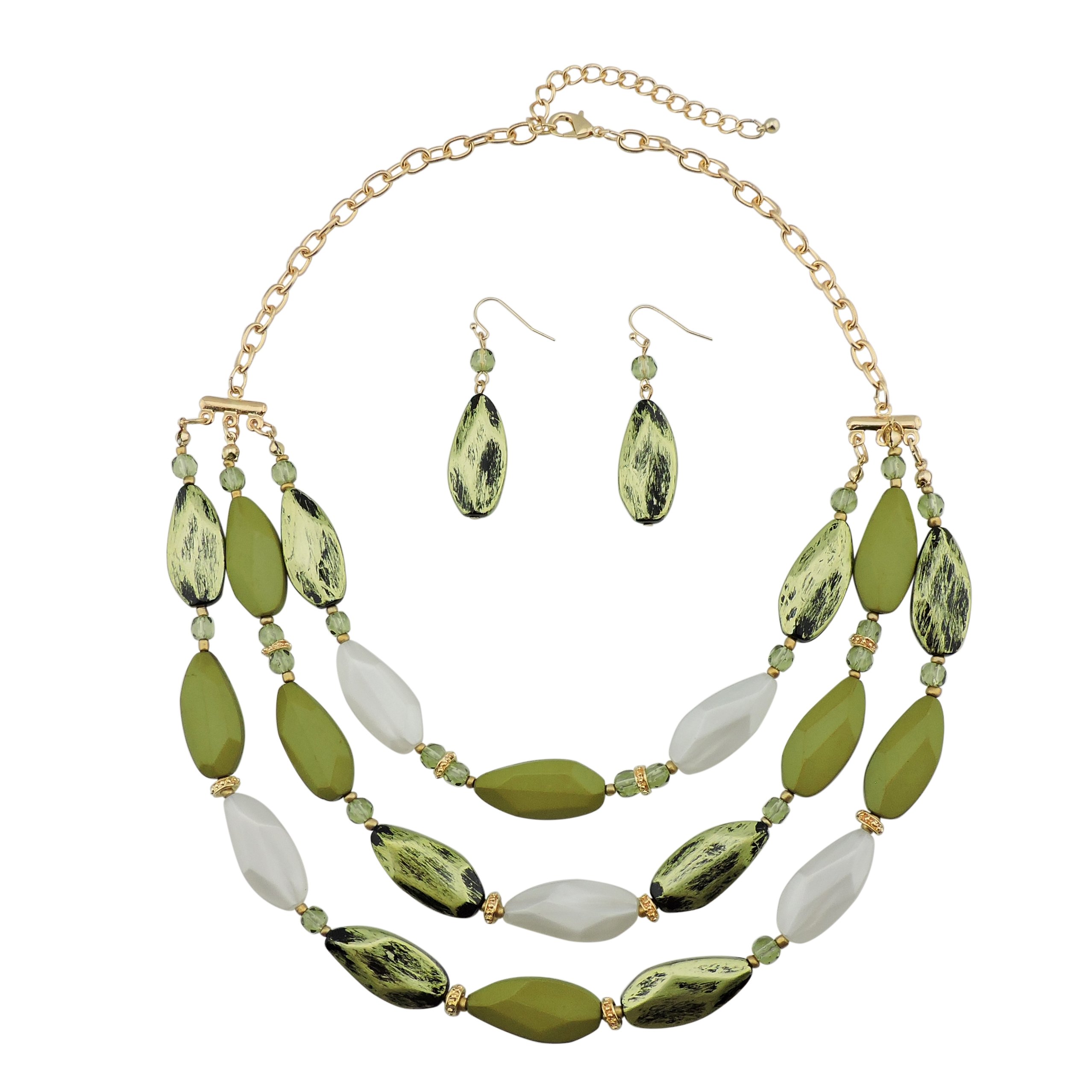 Bocar Layered Statement Bead Necklace and Earrings Army Green Costume Jewellery Set for Women Gift (NK-10077-Army Green)