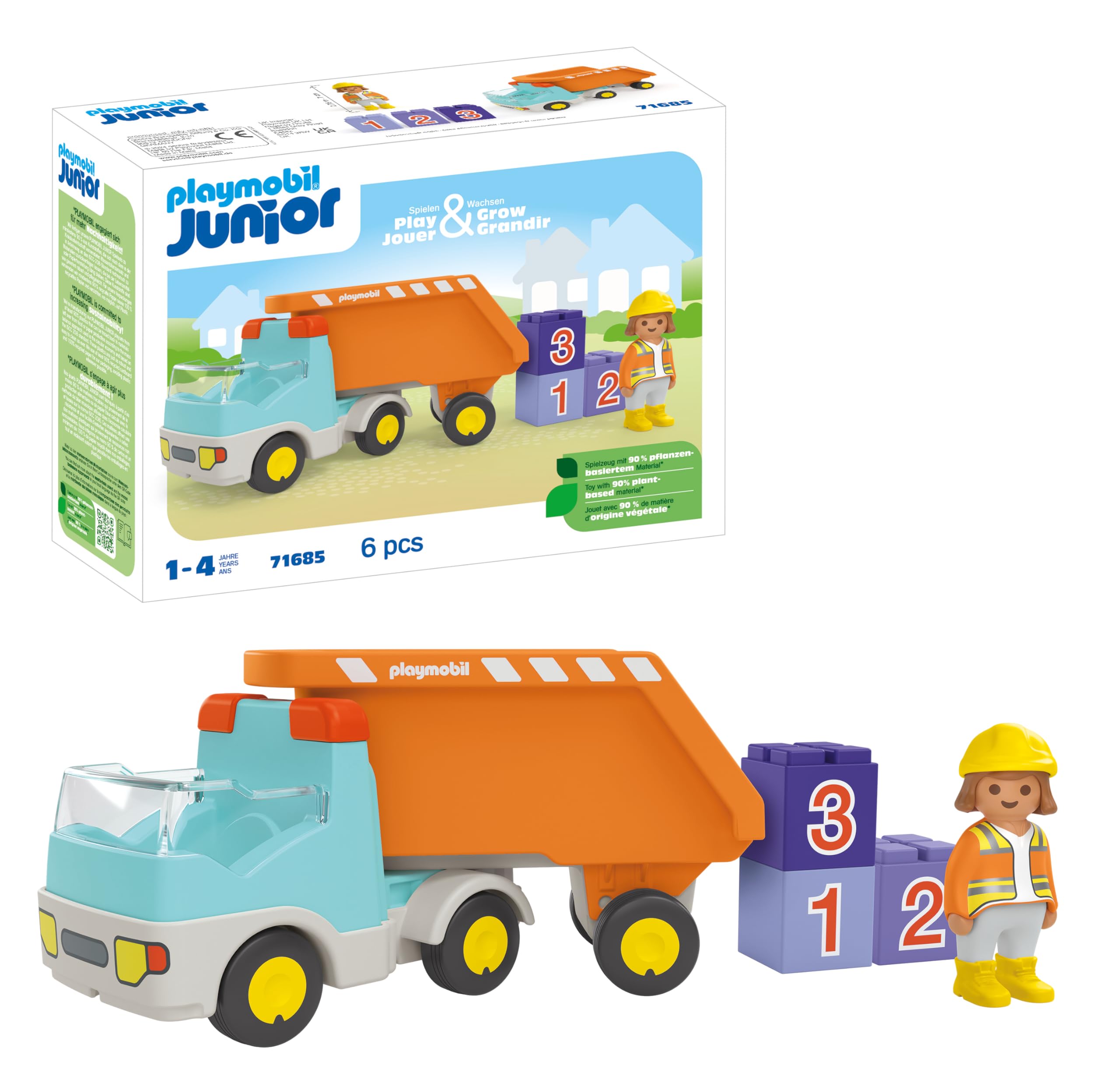 PLAYMOBIL 71685 JUNIOR: Dump Truck, including construction worker and three stackable stones, sustainable toy made from plant-based plastics, gifting toy, play sets suitable for children ages 1+