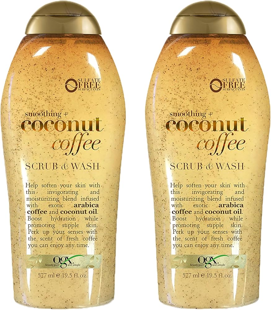 OGX Smoothing + Coconut Coffee Exfoliating Body Scrub with Arabica Coffee & Coconut Oil, Moisturizing Body Wash for Dry Skin,