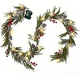 Christmas Garland Lights 6.56FT 20 Snow LED Pine Garland with Lights Battery Operated with Bells Red Berries Pinecones Cypress Greenery Garlands Decoration for Xmas Tree Mantle Door Stairs Home Decor