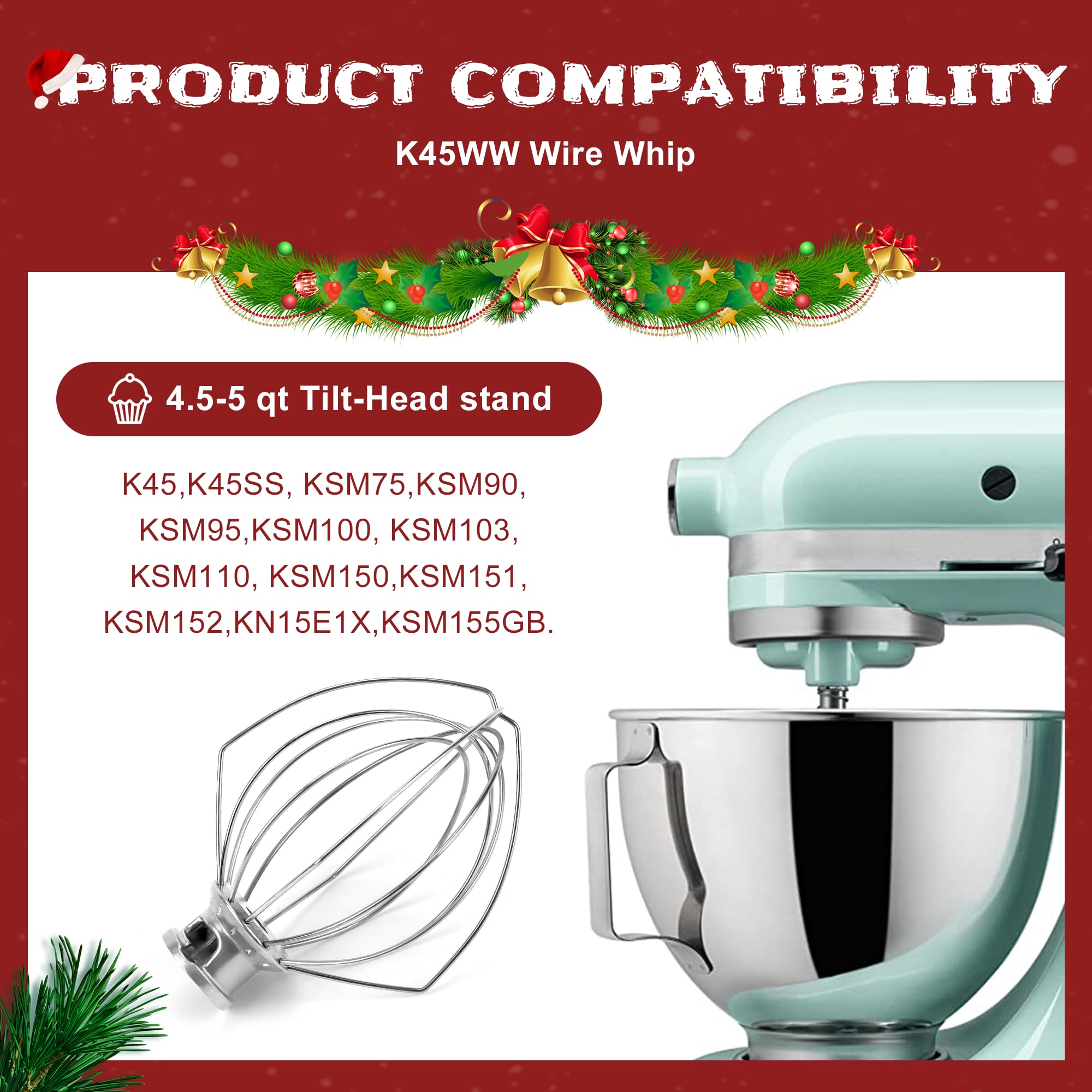 K45WW Wire Whip Attachment/K45ww Wire Whip for Tilt-Head Stand Mixer 6-Wire Fits For 4.5-5QT Title-Head Stand Mixer K45 KSM90,Stainless Steel,Egg Cream Stirrer,Cakes Mayonnaise Whisk by Sikawai