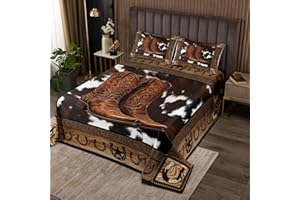 MANFEI Western Cowboy Bedspread Queen Size,Horseshoe Cowboy Boots Rustic Coverlet Set,Boys Girls Adults Room Decor,Cow Fur Cowhide Wooden Plank Quilted Coverlet,Brown Farmhouse Bedding Quilt,2 Pillowcases