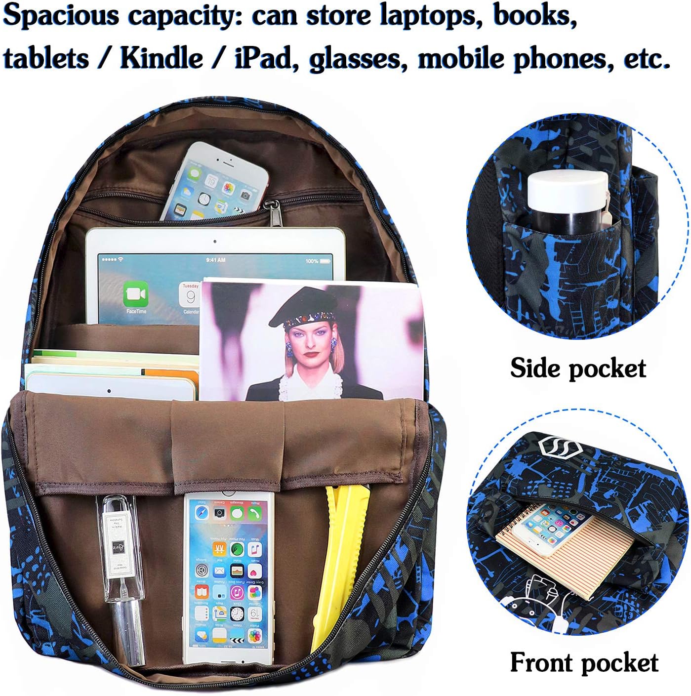 MCWTH School Bags for Teen Boys Kids School Backpack with Lunch Bag Pencil Case Set (Blue), 3in1 Music Kids - Image 5