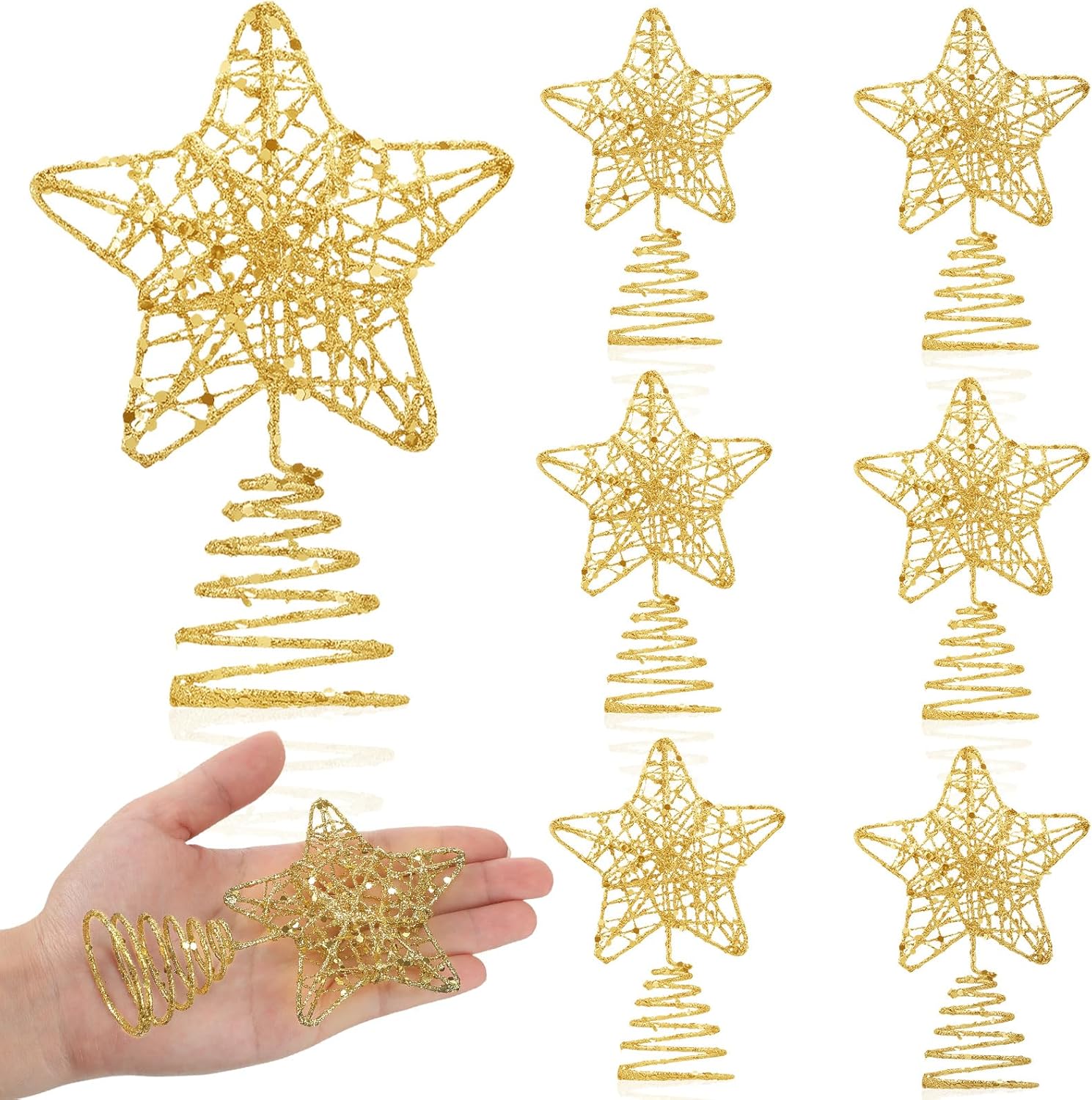 Tree Toppers - Hiboom 6 Pieces Christmas Tree Star Toppers Gold Glittered Xmas Tree Topper 3.15 Inch Hollow Star Treetop Topper for Indoor Party Decoration Ornaments(Gold)