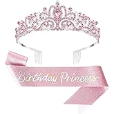 UlZDVUli Birthday Princess Crown, Birthday Princess Headband Tiara Sash Accessories Set for Women, Pink Crown Sash Decorations Party Favors