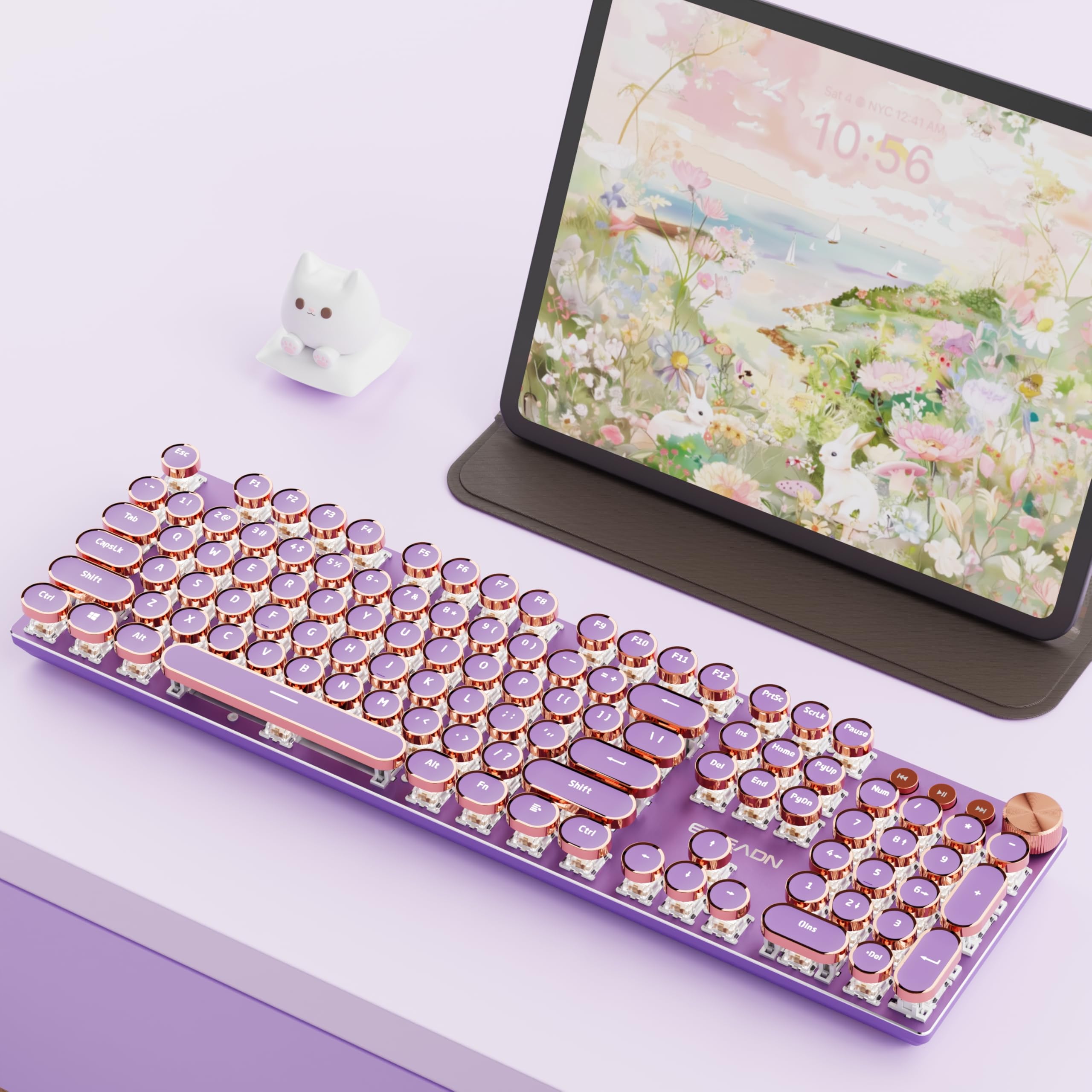Photo 1 of EWEADN V20 Typewriter Keyboard Wireless, 104 Keys Typewriter Style Mechanical with White Backlit, Media Knob, Pink Switch 2.4G/Bluetooth/USB-C Wired Retro Full Size Keyboard for Windows/Mac/PC-Purple