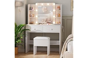 Haewon Makeup Vanity Desk with Mirror and Power Outlets, Vanity Table with 3 Color Modes Adjustable Brightness, Dressing Table Set with 2 Large Drawers, 6 Storage Shelves and Chair, White