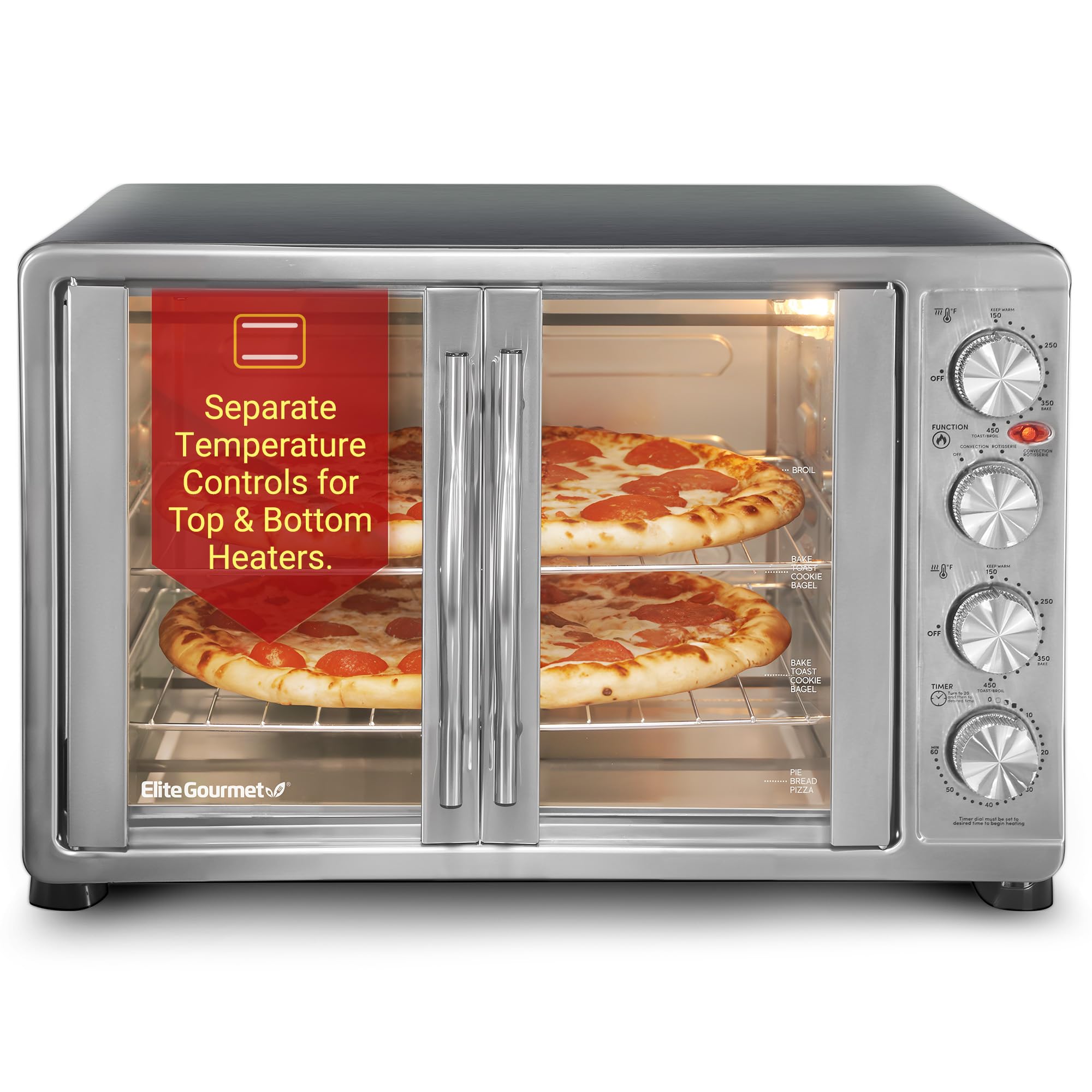 Photo 1 of Elite Gourmet ETO-4510M French Door 47.5Qt, 18-Slice Convection Oven 4-Control Knobs, Bake Broil Toast Rotisserie Keep Warm, Includes 2 x 12" Pizza Racks, Stainless Steel