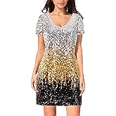 MANER Women's Sequin Glitter Short Sleeve Dress Sexy V Neck Mini Party Club Bodycon Dresses