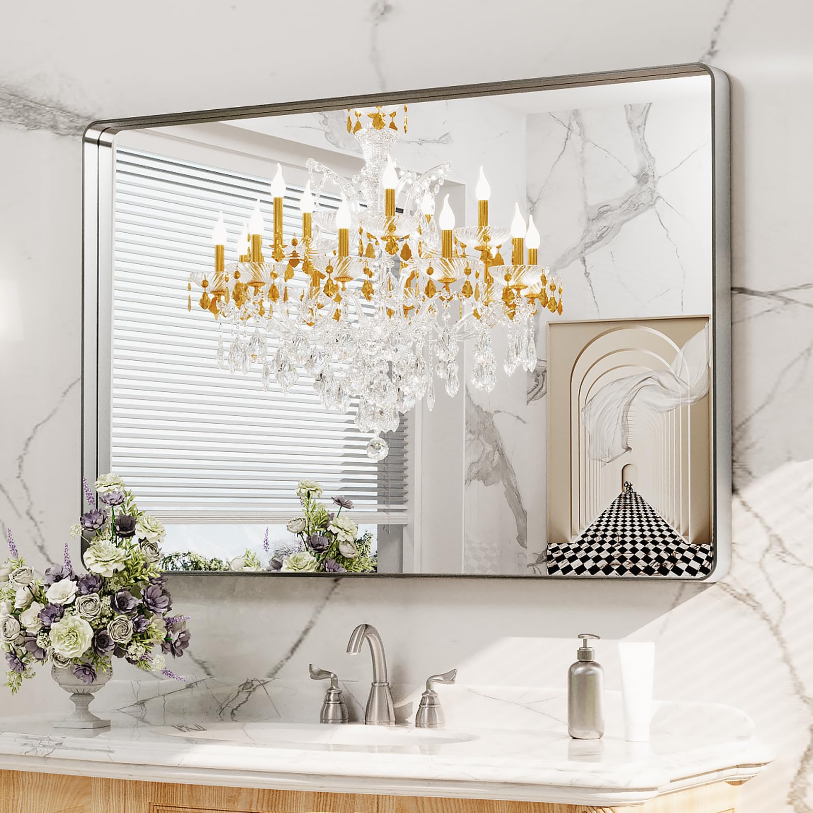 Photo 1 of *** MINOR DAMAGE ***LOAAO 48X32 Inch Brushed Nickel Bathroom Mirror, Rounded Rectangle Silver Metal Frame Mirror, Brushed Nickel, Anti-Rust, Shatter Proof, Hangs Horizontally or Vertically