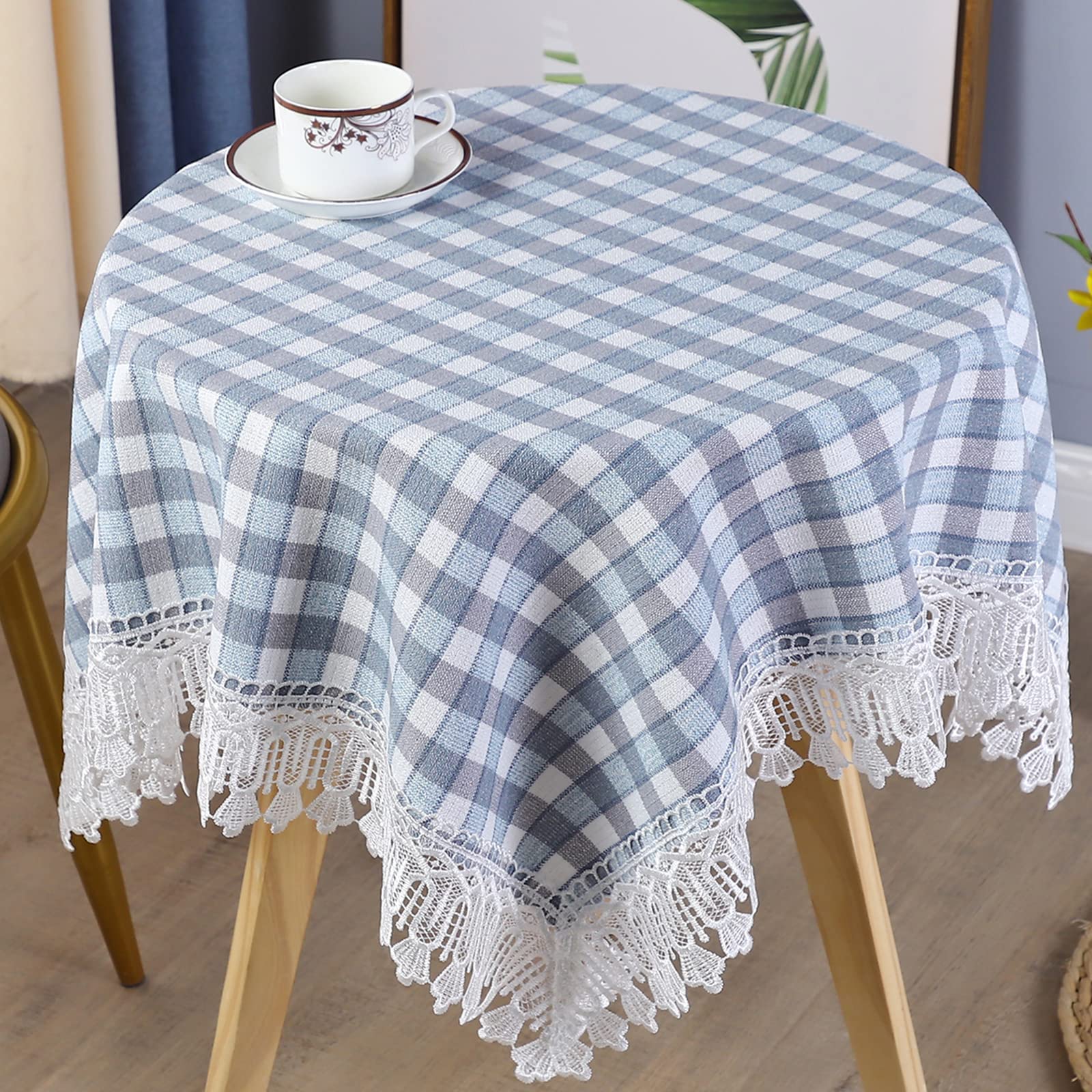 Square Table Cloth,90x90CM Small Tablecloth,Blue Plaid Round Table cloths,Cotton Linen Wrinkle-Free Lace Hem Tablecloths,Washable Table Cover for Kitchen/Dinning/Party/Buffet/Camping(Blue 35" x 35")