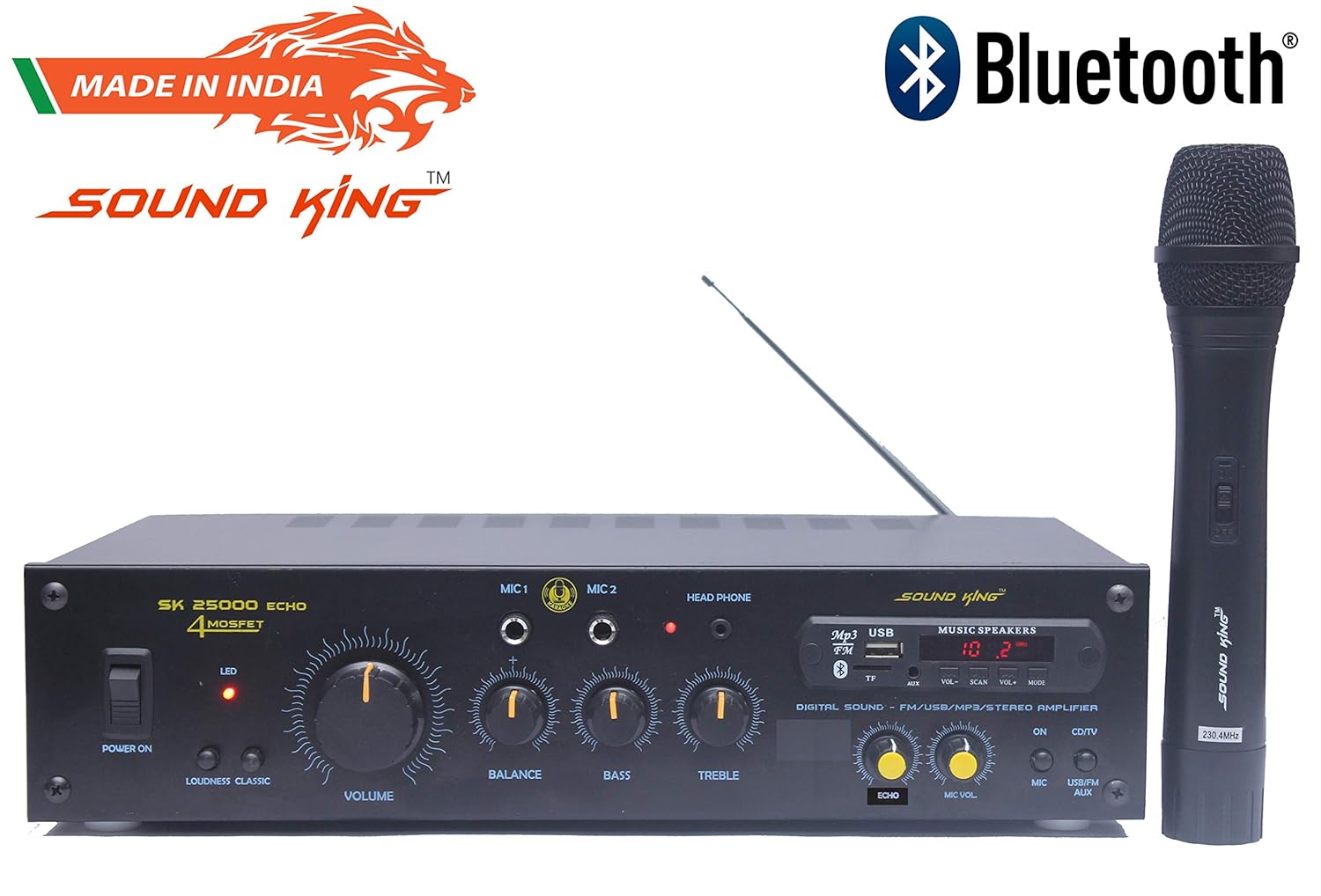 Sound King SK-25000 Echo Bluetooth Karaoke 2-CH Mixer Amplifier With  Cordless Microphone (Made In India): Amazon.in: Musical Instruments