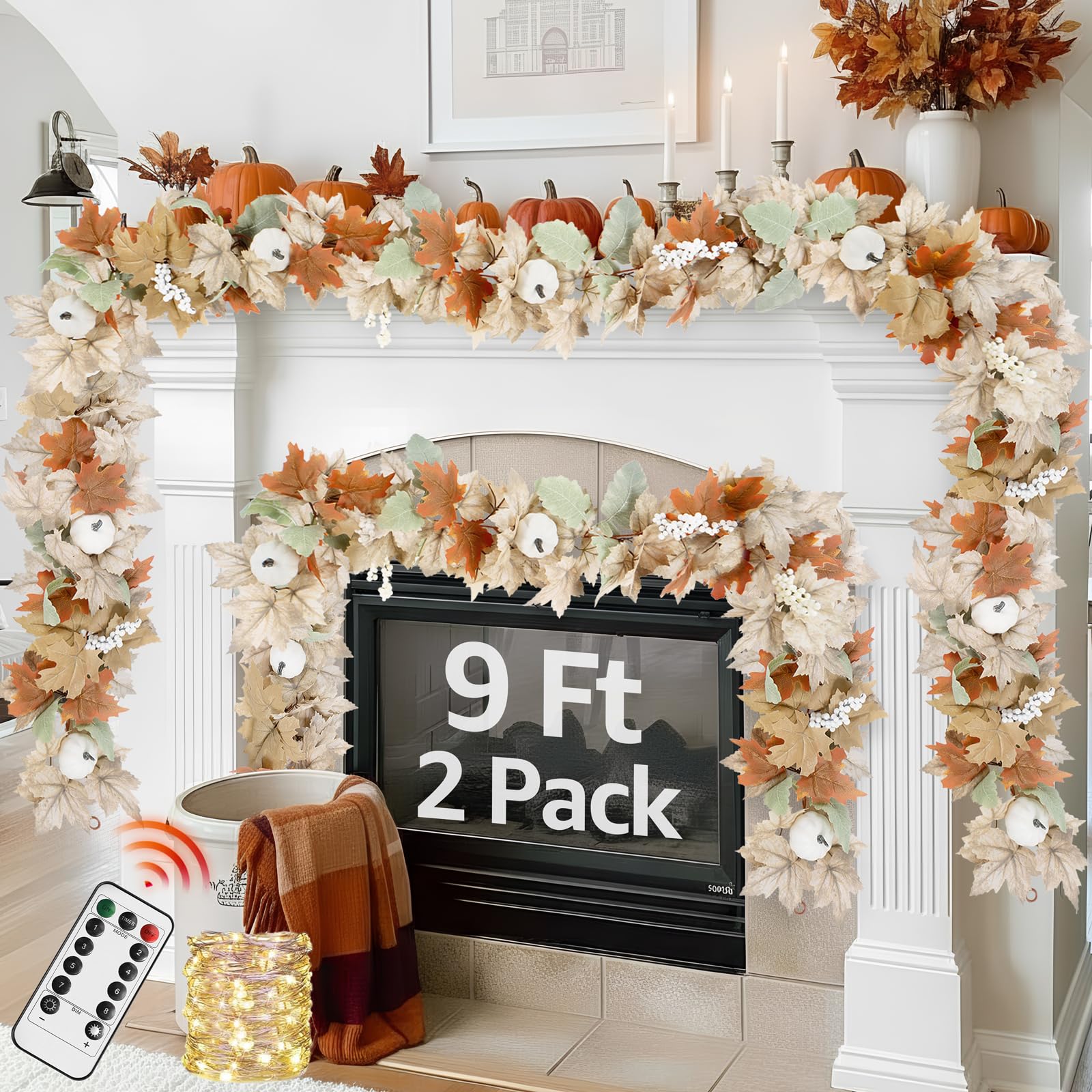 Photo 1 of Neutral Fall Garland for Mantle Fireplace - 2 Pack Toatal 18Ft Outdoor Autumn Leaves Decor for Home Front Door with Pumpkins Indoor Maple for Farmhouse Stairs Porch Halloween Thanksgiving Decorations