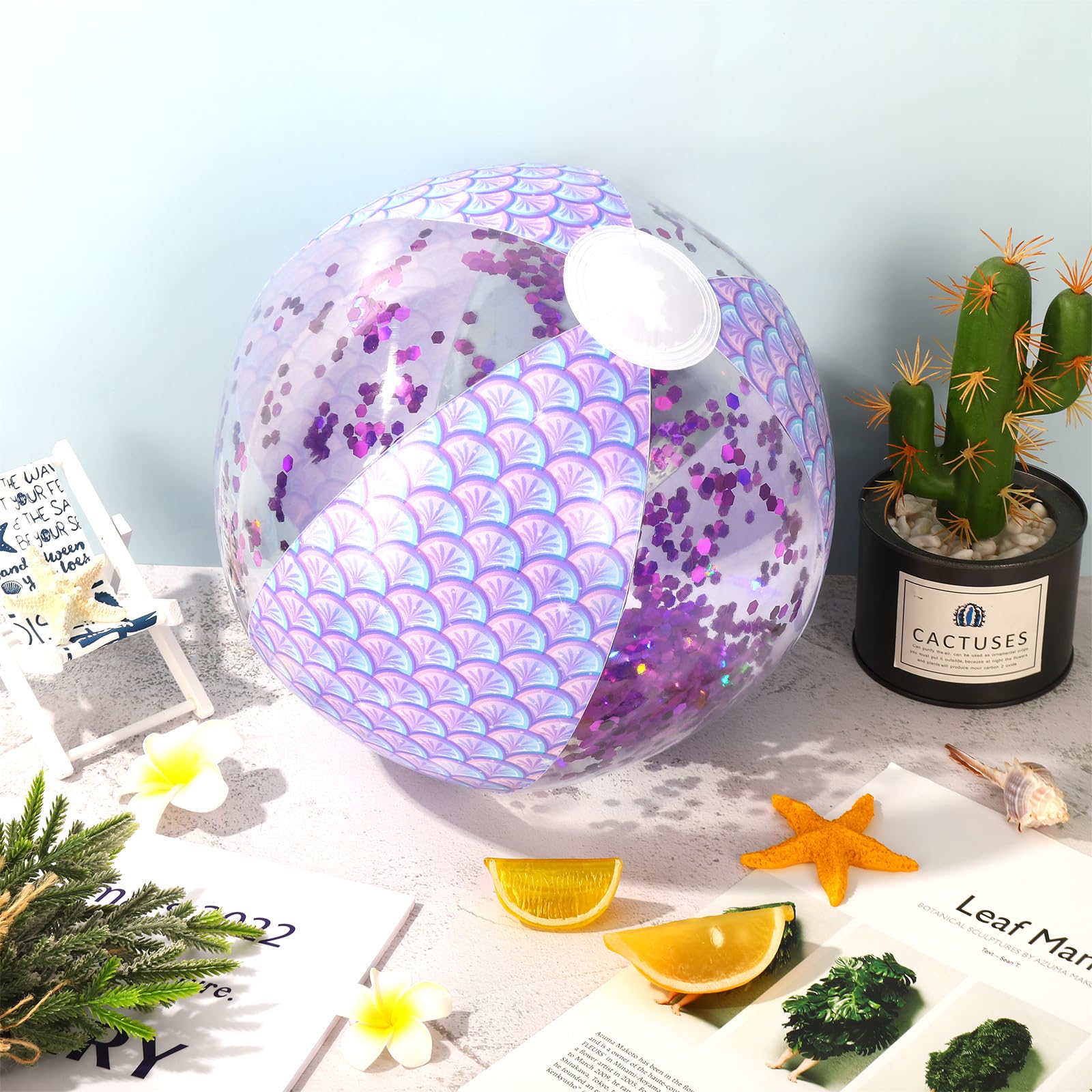 Whaline 3Pcs 16'' Mermaid Inflatable Beach Ball Glitter Pool PVC Balls Game Play Balloons for Summer Hawaiian Tropical Theme Beach Party Decorations Water Sand Game Accessory, Pink Blue Purple