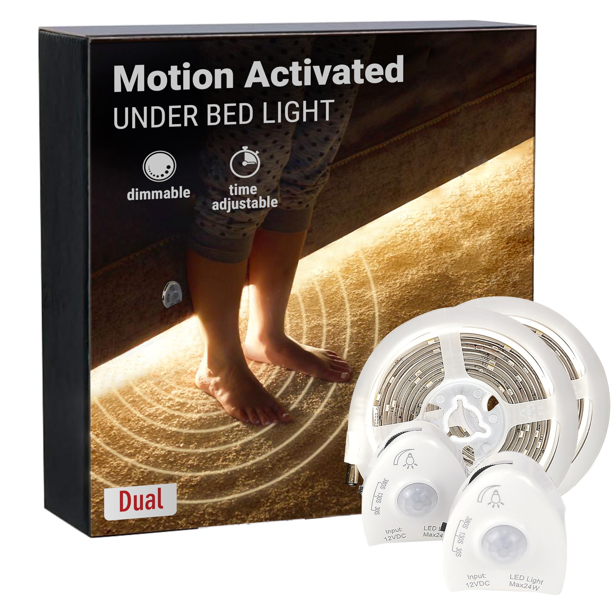 Photo 1 of illumiForce Under Bed Lights Motion Sensor, Motion Activated Bed Lighting,12V Power Adapter, Dimmable LED Strip Night Light for Bedroom,Stairs,Crib,Cabinet,Warm White -2 x 5FT -Dual Kit