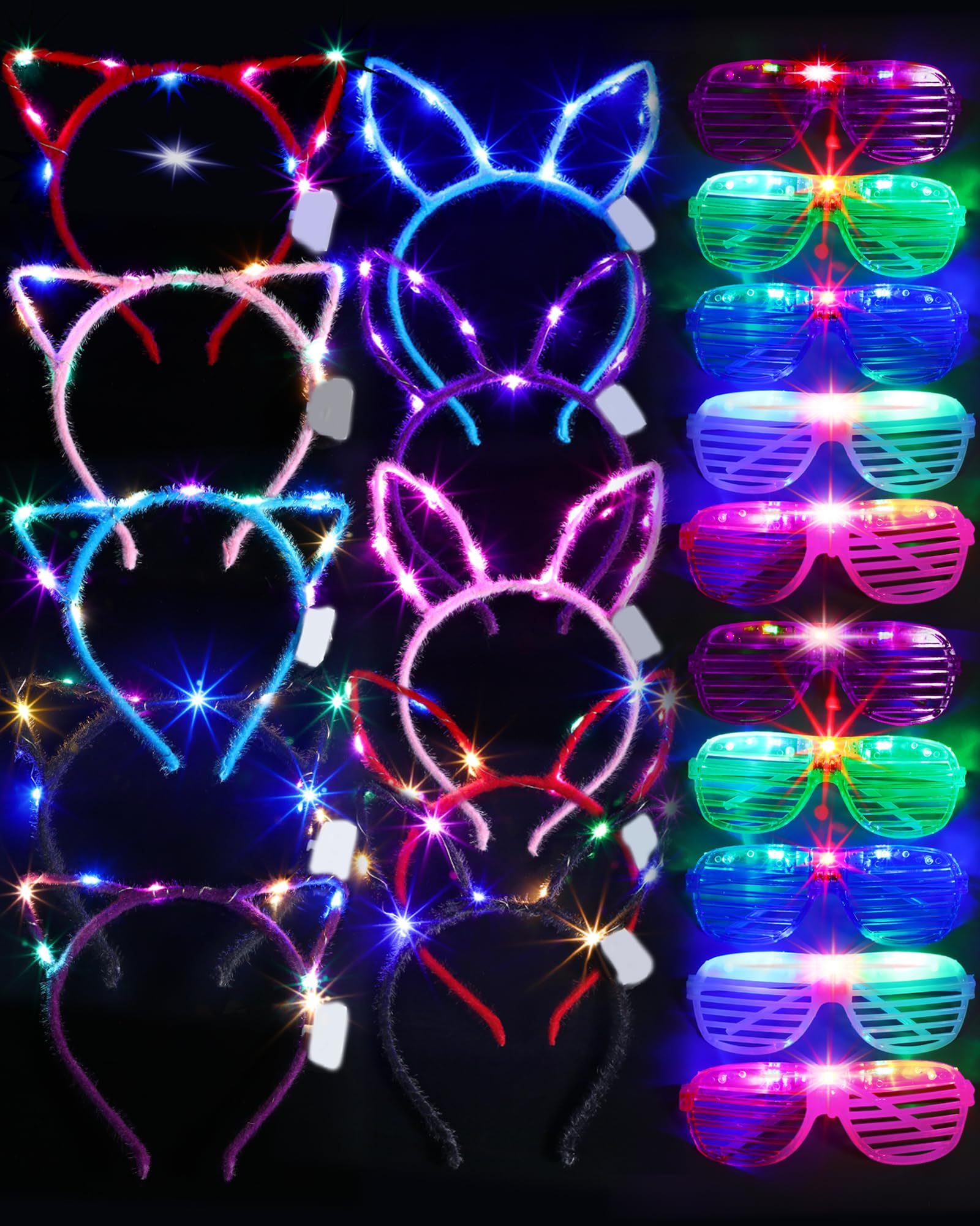 Photo 1 of Honoson 20 Pcs Glow in The Dark Party Supplies, 10 Pcs 5 Colors Light up Glasses 5 Pcs LED Cat Ear Headband 5 Pcs Rabbit Ear Headband for Adults Mardi Gras Neon Party Decoration