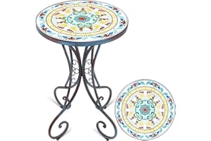Frstem Mosaic Patio Table and Plant Stand, Outdoor Side Table for Patio with 14" Ceramic Tile Top, Weather Resistant Metal Round End Table Accent Table for Yard Porch Balcony Garden Bedside, Floral