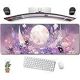 Cool Kawaii Pastel Purple Floral Desk Mat Mouse Pad Large Gaming Mousepad Spiritual Full Moon XL Extended Desk Pad Laptop Keyboard Mouse Mat, Cute Deskmat for Women Office Decor 31.5''x11.8''