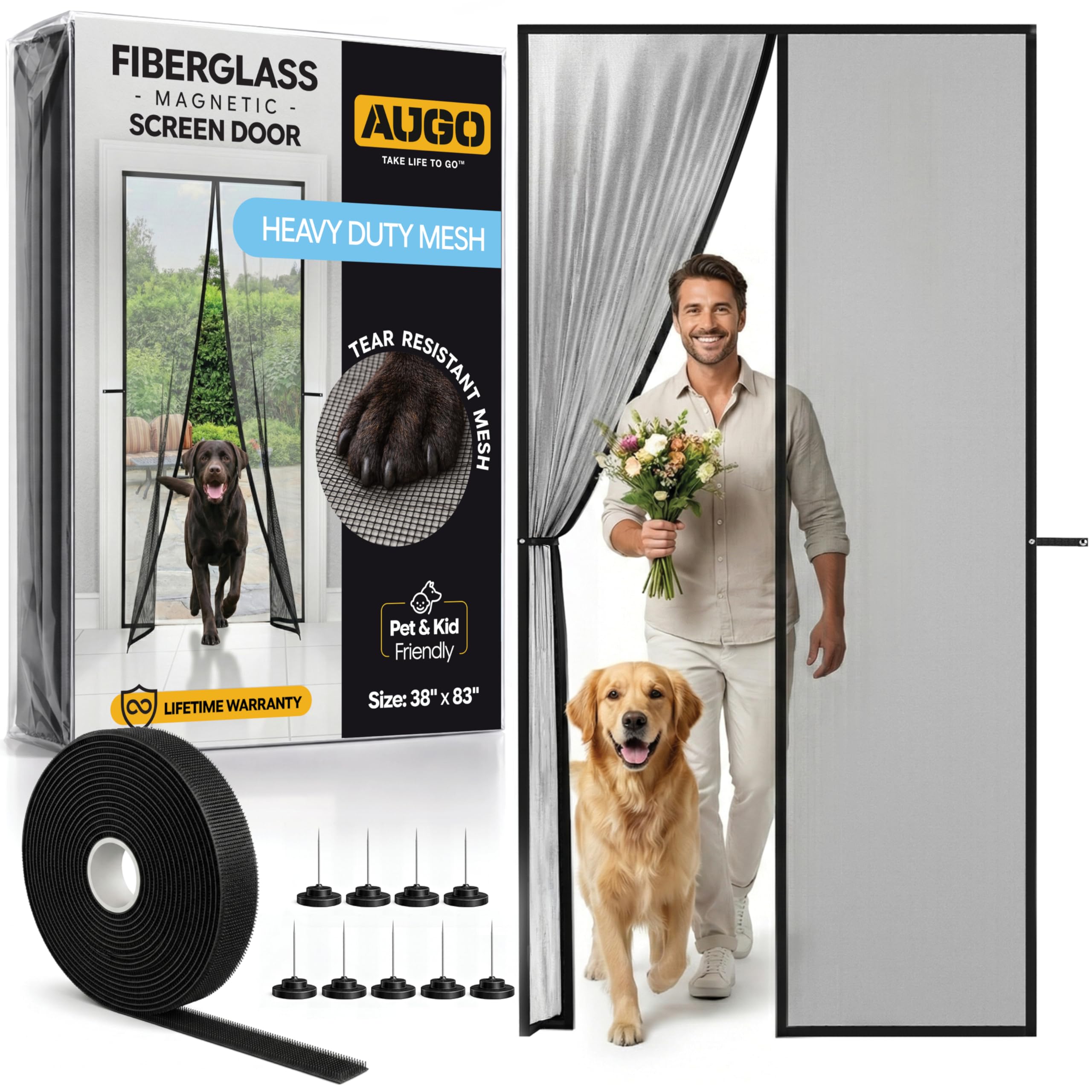AUGO Fiberglass Magnetic Fly Screen Door - Self Sealing, Heavy Duty, Hands Free Mesh Net Partition Keeps Bugs Out - Pet and Kid Friendly - Patent Pending Keep Open Feature - 97 x 211cm