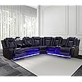 Caberryne Power Recliner Sofa Sectional Couches with LED Light for Living Room,Leather Reclining Corner Sectional Sofa with 2 Recliner Seats,Cup Holder,Storage Console for House/Home Theater, Black