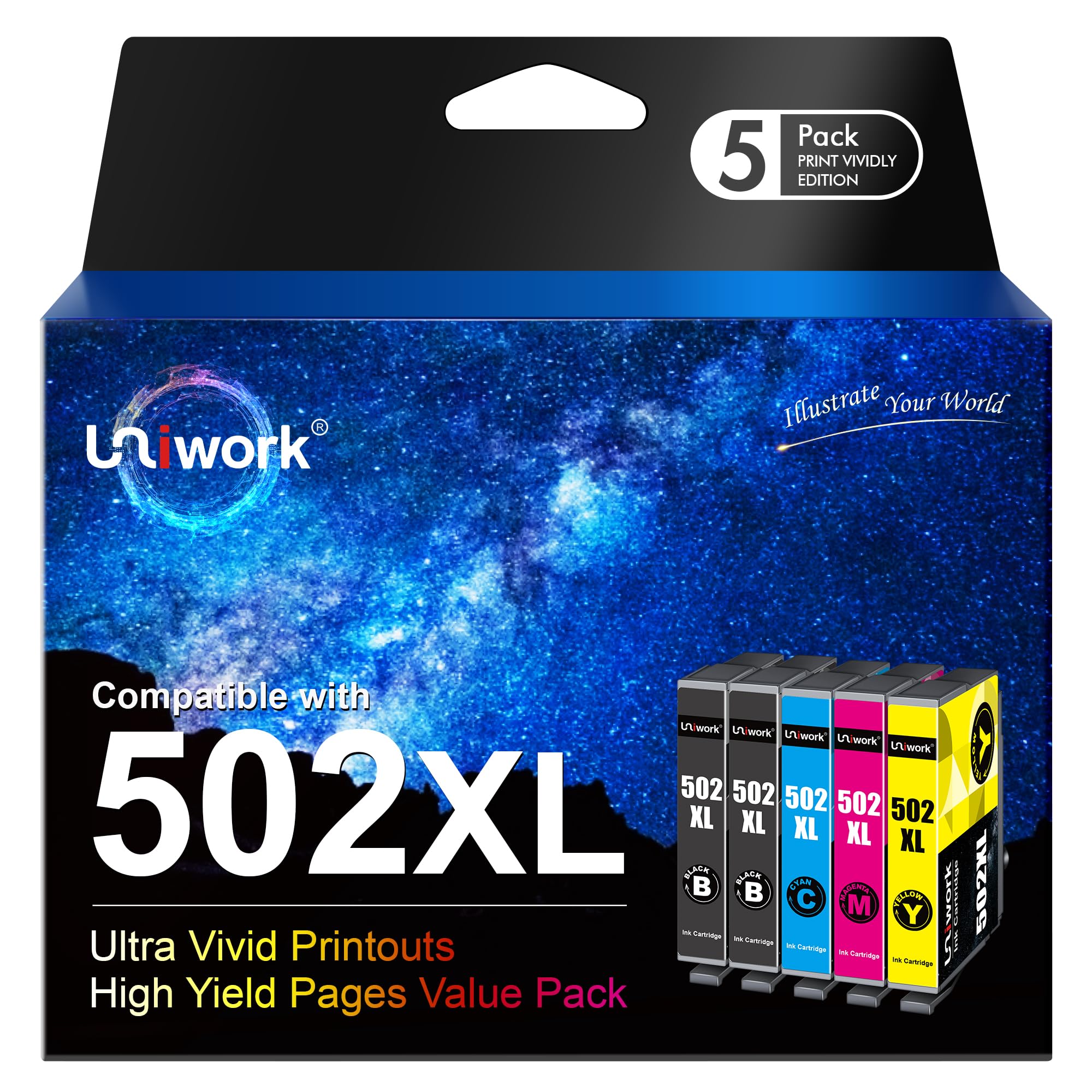 Uniwork 502XL High Yield Multipack, 4-colours Ink Cartridges Compatible for Epson 502 XL for Workforce WF-2860 WF-2860DWF WF-2865 WF-2865DWF XP5100 XP-5105 (Black Cyan Magenta Yellow, 5-Pack)…