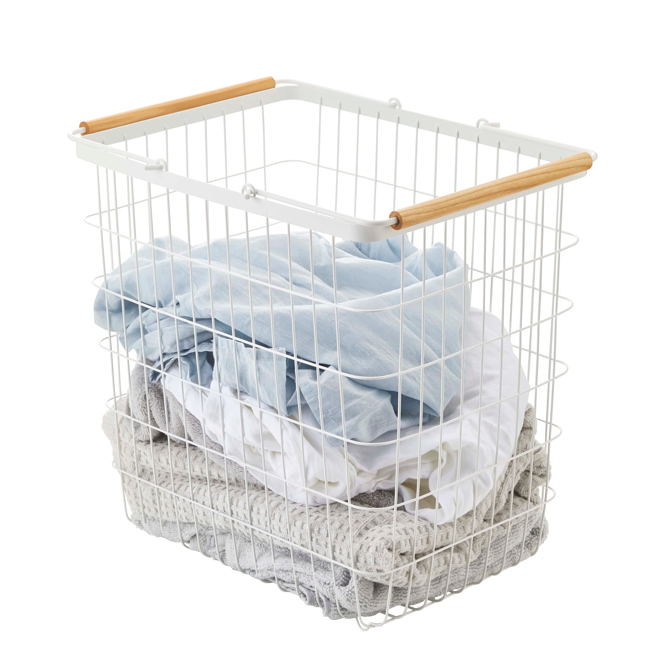 Yamazaki 2810 TOSCA Laundry Basket Large, white, Steel/Wood, Minimalist, 41.5 x 31 x 38.5 cm