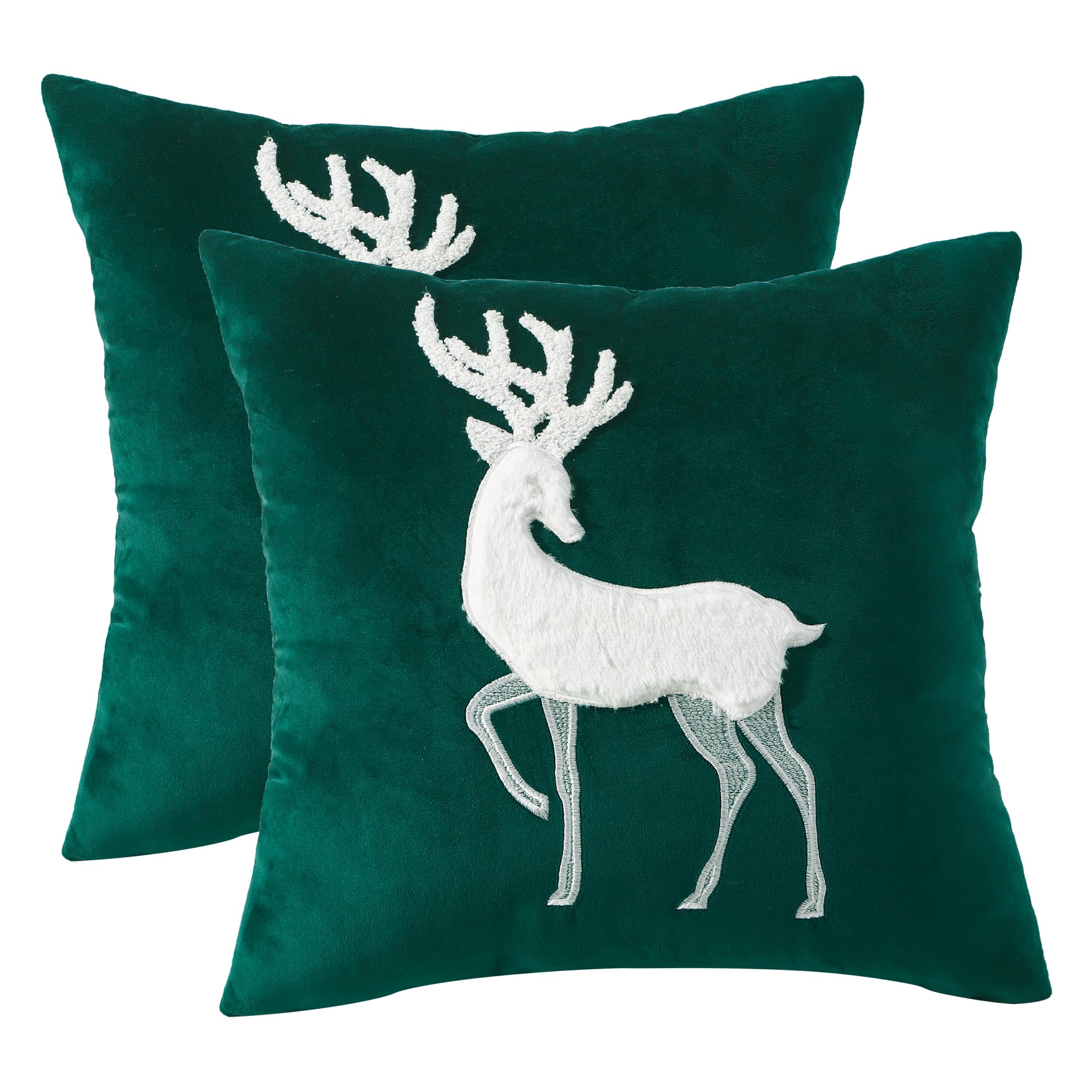 Tosleo 2 Pack 18 x 18 inch Green Christmas Deer Throw Pillow Cover Set - Print Animal Pattern - Traditional Style - Fade Resistant - Indoor Use - Decorative, Party Decorations