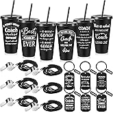 Hollowfly 6 Set Coach Gifts for Men Women, Best Coach Ever Plastic Cup with Lid and Straw 24 oz Coaches Keychain Whistle Wrestling Basketball Hockey Baseball Softball Coaches Appreciation Gift(Black)