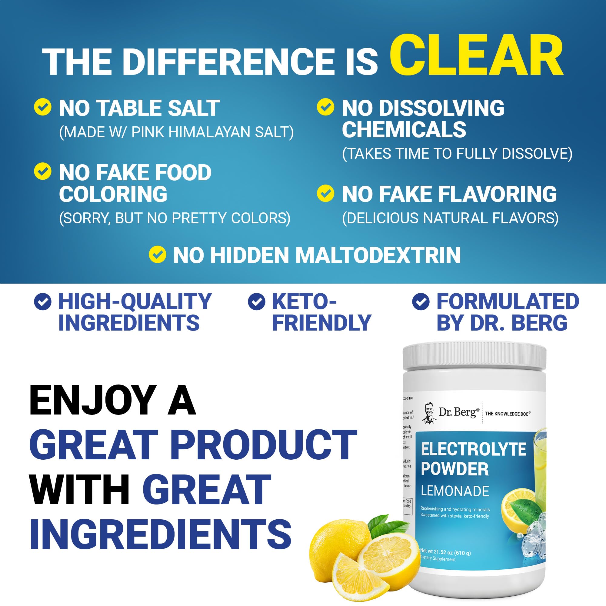 Dr. Berg Zero Sugar Hydration Keto Electrolyte Powder - Enhanced w/ 1000 mg of Potassium & Real Pink Himalayan Salt (NOT Table Salt) - Lemonade Flavor Hydration Drink Mix Supplement - 100 Servings