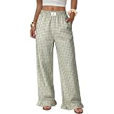 ANRABESS Womens Gingham Striped Ruffle Hem Pants | Wide Leg Elastic Waisted With Pockets, Vacation Beach Lounge Pajama Plaid 