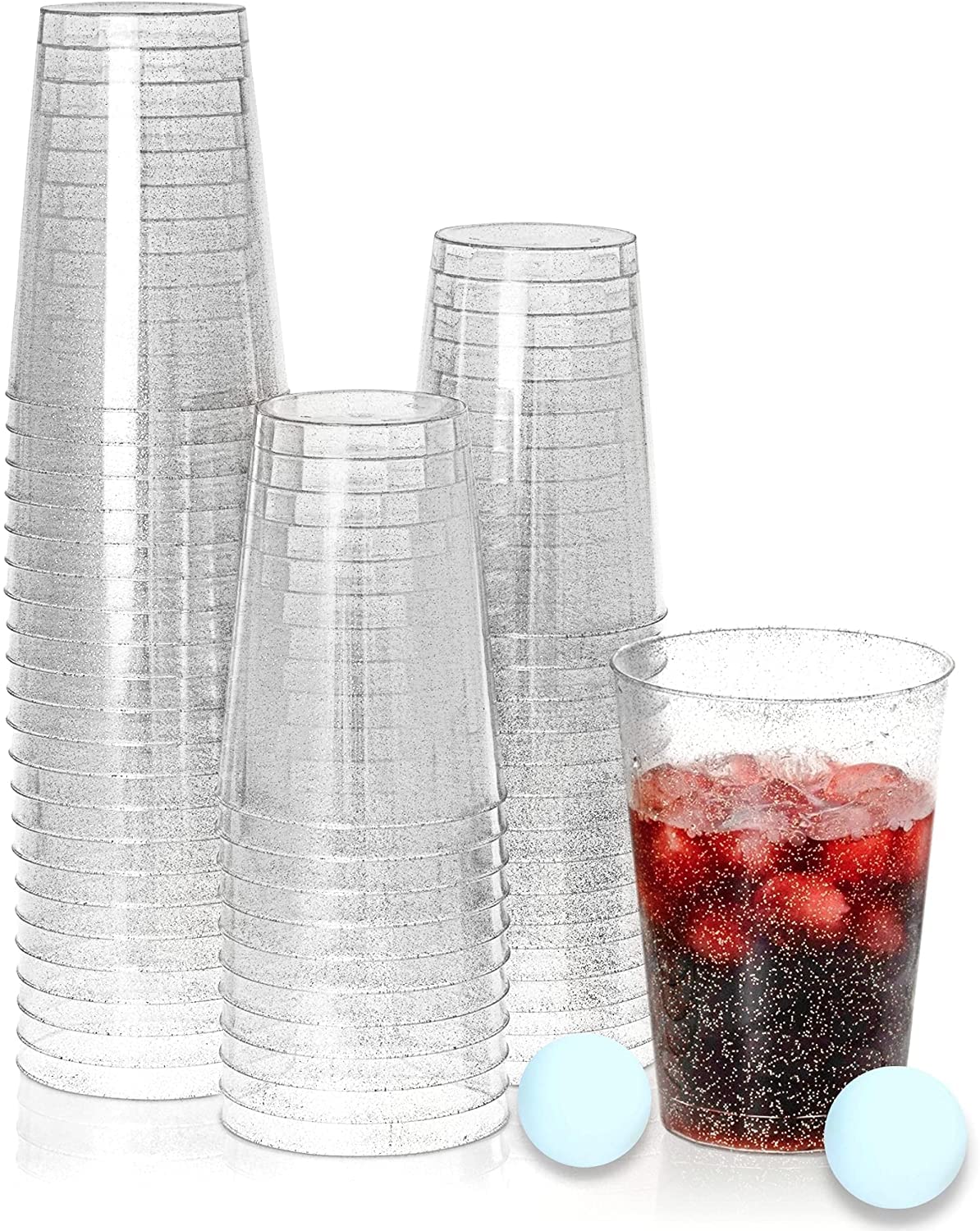 KAHEIGN 50Pcs Clear Plastic Cups, 300ml Silver Glitter Plastic Tumblers Reusable Drink Cups Elegant Party Wine Glasses for Cocktail Champagne Beer Martini Soda Dessert (9.5 x 7.5cm)